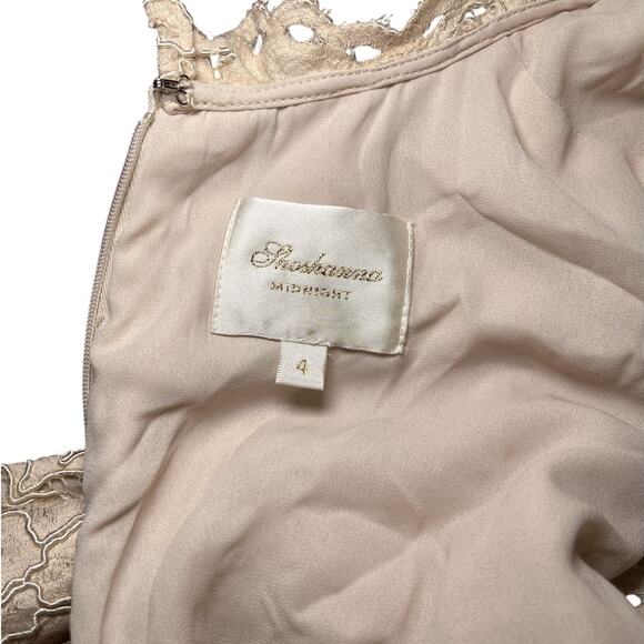 Soshanna Midnight Ruffled Sleeve High Low Lace Maxi Dress Tan Ivory Size 4 - Picture 3 of 7